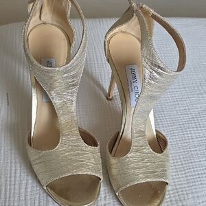 Jimmy Choo Metallic Gold T-Strap Stiletto Sandals